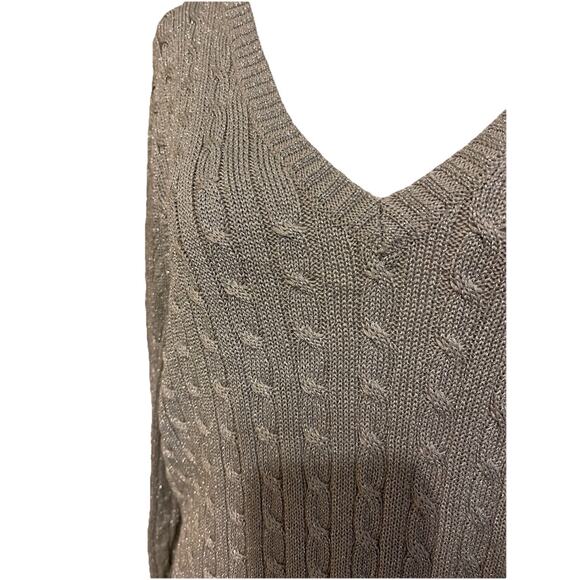 Ralph Lauren Preppy V-Neck Silver Metallic Cable Knit Silk Blend Sweater 2X NWT - Picture 4 of 6